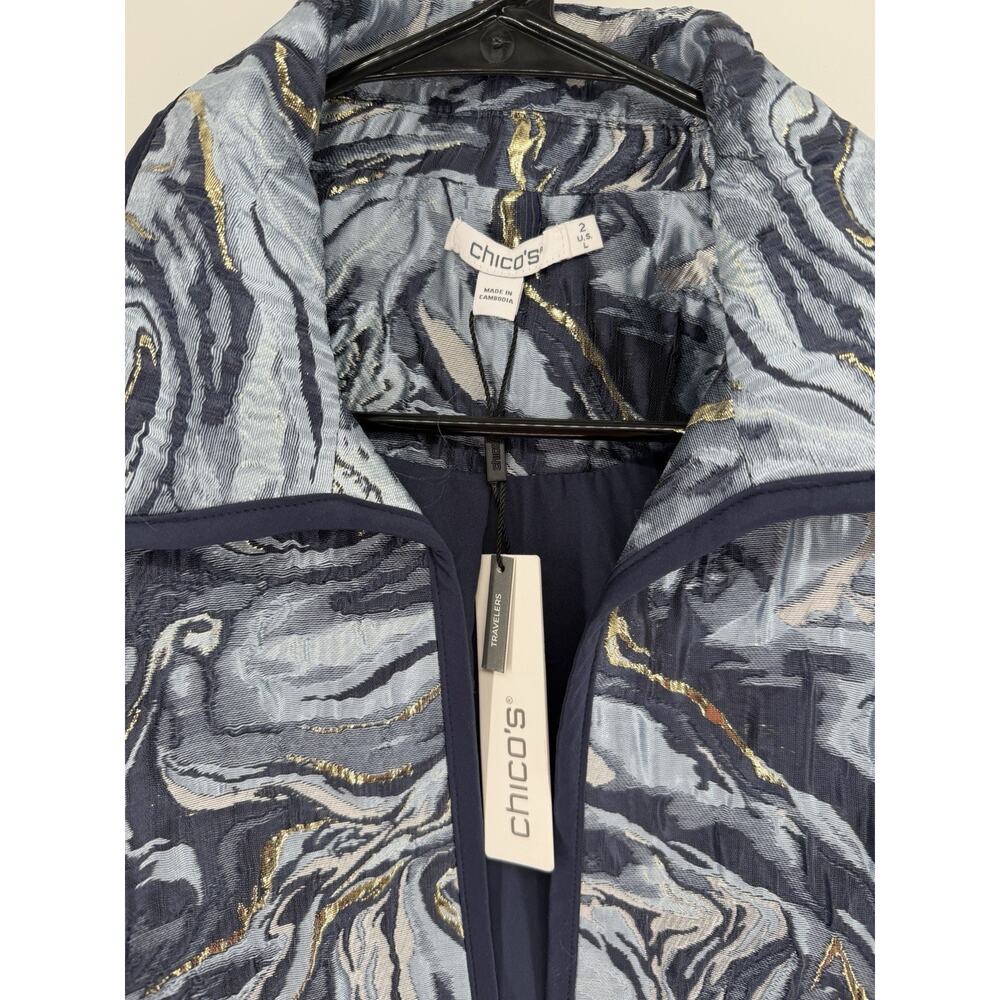 NEW Chico's Blazer Jacket 2 US Large Travelers Jacquard Blue Gold Swirl - Picture 3 of 7